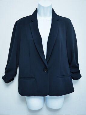 NYCC Women's Navy Single-Button Blazer Ruched Sleeve Jacket